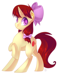 Size: 2552x3160 | Tagged: safe, artist:drawntildawn, oc, oc only, pony, unicorn, bow, colored pupils, crossed hooves, curved horn, ear piercing, earring, female, hair bow, high res, horn, jewelry, looking at you, mare, piercing, raised hoof, simple background, solo, transparent background