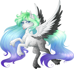 Size: 1024x957 | Tagged: safe, artist:tinuleaf, oc, oc only, oc:akemi, pegasus, pony, chest fluff, colored wings, colored wingtips, deviantart watermark, ear fluff, female, fluffy, flying, gradient mane, gradient tail, leg fluff, looking at you, mare, multicolored hair, multicolored tail, obtrusive watermark, simple background, solo, spread wings, tongue out, transparent background, unshorn fetlocks, watermark, wings