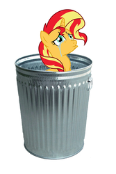 Size: 804x1204 | Tagged: safe, sunset shimmer, pony, unicorn, g4, abuse, downvote bait, into the trash it goes, op is a duck, op is trying to start shit, sad, shimmerbuse, sunset shimmer's trash can, trash can, why