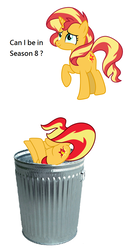 Size: 632x1204 | Tagged: safe, sunset shimmer, pony, unicorn, g4, abuse, downvote bait, female, into the trash it goes, mare, op is a duck, op is trying to start shit, shimmerbuse, simple background, solo, sunset shimmer's trash can, trash can, white background