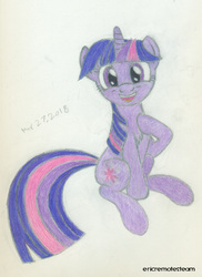 Size: 1957x2692 | Tagged: safe, artist:ericremotesteam, twilight sparkle, pony, unicorn, g4, chest fluff, colored pencil drawing, cute, cutie mark, female, happy, looking at you, prismacolors, simple background, sitting, smiling, solo, traditional art, twiabetes, unicorn twilight, white background