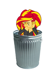 Size: 1016x1384 | Tagged: safe, sunset shimmer, equestria girls, g4, my little pony equestria girls: rainbow rocks, abuse, downvote bait, female, op is a duck, op is trying to start shit, sad, shimmerbuse, simple background, solo, sunset shimmer's trash can, trash can, white background