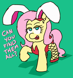 Size: 1280x1367 | Tagged: safe, artist:threetwotwo32232, fluttershy, pegasus, pony, g4, 30 minute art challenge, bunny ears, bunny suit, clothes, dialogue, easter, female, fishnet pantyhose, holiday, lipstick, mare, solo