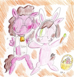 Size: 1659x1746 | Tagged: safe, artist:ptitemouette, oc, oc:cheese cake, oc:surprise, easter, holiday, offspring, parent:cheese sandwich, parent:pinkie pie, parents:cheesepie
