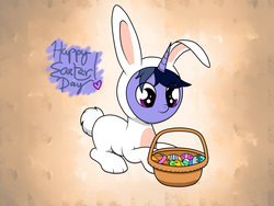 Size: 2048x1536 | Tagged: dead source, safe, artist:php142, oc, oc only, oc:purple flix, pony, animal costume, bunny costume, clothes, costume, cute, easter, easter bunny, easter egg, gradient background, holiday, male, sitting, solo, text, youtube link