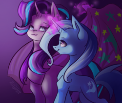 Size: 1300x1100 | Tagged: safe, artist:tu-kierownik, starlight glimmer, trixie, pony, unicorn, g4, :3, cape, clothes, duo, glowing horn, horn, trixie's cape