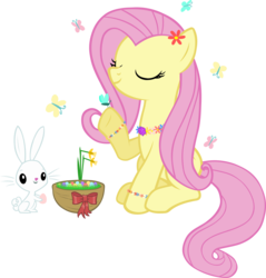Size: 3904x4080 | Tagged: safe, artist:ironm17, angel bunny, fluttershy, butterfly, pegasus, pony, g4, basket, cute, easter, easter basket, easter egg, eyes closed, holiday, shyabetes, simple background, sitting, transparent background, vector