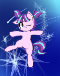 Size: 1200x1500 | Tagged: safe, artist:destroyer_aky, starlight glimmer, pony, unicorn, g4, cute, female, filly, filly starlight glimmer, glimmerbetes, one eye closed, pigtails, solo, wink, younger