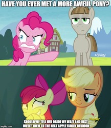 Size: 500x577 | Tagged: safe, edit, edited screencap, screencap, apple bloom, applejack, mudbriar, pinkie pie, earth pony, pony, g4, the maud couple, caption, derail in the comments, discussion in the comments, female, filly, image macro, mare, meme