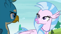 Size: 1280x720 | Tagged: safe, screencap, gallus, silverstream, classical hippogriff, griffon, hippogriff, g4, school daze, female, looking at each other, male, smiling, smirk