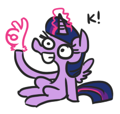 Size: 236x224 | Tagged: safe, artist:jargon scott, twilight sparkle, alicorn, pony, g4, cropped, female, glowing horn, hand, horn, k, magic, magic hands, mare, reaction image, simple background, sitting, smiling, solo, twilight sparkle (alicorn), white background, 👌