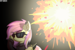 Size: 2499x1654 | Tagged: safe, artist:maxiclouds, fluttershy, oc, oc:mariasha, pegasus, pony, g4, badass, black background, clothes, cool, cool guys don't look at explosions, explosion, female, flutterbadass, mare, piercing, simple background, solo, sunglasses, swag