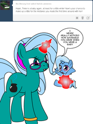 Size: 600x800 | Tagged: safe, artist:dekomaru, trixie, oc, oc:hazel lulamoon, pony, unicorn, tumblr:ask twixie, g4, age regression, ask, baby, baby pony, female, foal, magic, mare, mother and daughter, tumblr