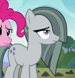 Size: 800x823 | Tagged: safe, screencap, marble pie, pinkie pie, earth pony, pony, g4, the maud couple, angry, animated, badass, cute, female, frown, gif, glare, madorable, marble pie is not amused, marblebetes, mare, solo focus