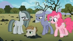 Size: 899x505 | Tagged: safe, edit, edited screencap, screencap, limestone pie, marble pie, mudbriar, pinkie pie, g4, the maud couple, buried, hammer, mouth hold