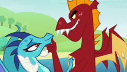 Size: 900x506 | Tagged: safe, artist:queencold, garble, princess ember, dragon, g4, dragoness, duo, female, holding chin, lake, looking at each other, male, romantic, ship:emble, shipping, straight, touching face, tree
