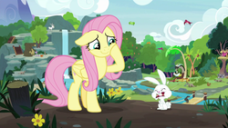 Size: 1920x1080 | Tagged: safe, screencap, angel bunny, clementine, discord, fluttershy, harry, draconequus, ferret, giraffe, goat, otter, pegasus, pony, rabbit, g4, season 8, cute, eating, floppy ears, hoof on cheek, intro, messy eating, shyabetes, smiling, sweet feather sanctuary