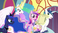 Size: 1920x1080 | Tagged: safe, screencap, princess cadance, princess celestia, princess flurry heart, princess luna, shining armor, alicorn, pony, unicorn, g4, season 8, aunt and niece, crown, ethereal mane, father and child, father and daughter, female, glowing horn, holding a pony, horn, husband and wife, intro, jewelry, magic, male, mare, married couple, mother and child, mother and daughter, one of these things is not like the others, opening credits, regalia, royal family, royal sisters, siblings, sisters, sparkly mane, stallion, starry mane, telekinesis, unshorn fetlocks