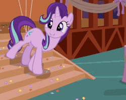 Size: 712x564 | Tagged: safe, screencap, starlight glimmer, pony, unicorn, g4, season 8, the maud couple, animated, blinking, confetti, cropped, cute, eyebrows, eyes closed, female, gif, glimmerbetes, grin, happy, mare, open mouth, open smile, party, raised hoof, smiling, solo, walking, waving