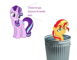 Size: 1060x828 | Tagged: safe, starlight glimmer, sunset shimmer, pony, unicorn, g4, abuse, downvote bait, drama, female, mare, op is a duck, op is trying to start shit, sad, shimmerbuse, simple background, sunset shimmer's trash can, trash can, white background, why