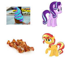 Size: 714x626 | Tagged: safe, starlight glimmer, sunset shimmer, g4, bacon, food, ice cream, meat
