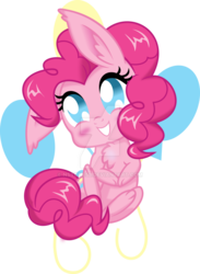 Size: 800x1090 | Tagged: safe, artist:nstone53, pinkie pie, earth pony, pony, rabbit, g4, bunnified, chest fluff, chibi, cute, diapinkes, female, looking at you, mare, on back, paws, simple background, smiling, solo, species swap, transparent background, watermark