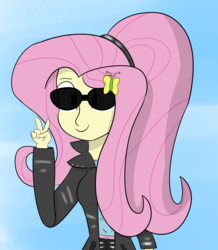 Size: 5000x5737 | Tagged: safe, artist:artiks, fluttershy, equestria girls, g4, absurd resolution, clothes, female, jacket, leather jacket, peace sign, simple background, solo, sunglasses