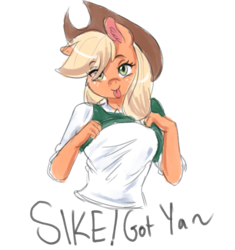 Size: 1469x1563 | Tagged: safe, artist:mrscurlystyles, applejack, earth pony, anthro, g4, :p, april fools, clothes, cowboy hat, female, hat, shirt, shirt lift, smiling, solo, stetson, tongue out