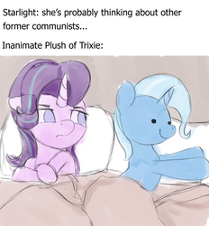 Size: 2594x2800 | Tagged: safe, artist:vanillaghosties, starlight glimmer, trixie, pony, unicorn, g4, bed, colored sketch, female, he's probably thinking about other girls, high res, lesbian, mare, meme, pillow, plushie, ship:startrix, shipping