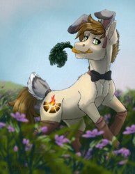 Size: 1111x1429 | Tagged: safe, artist:marinavermilion, oc, oc only, pony, bowtie, bunny ears, carrot, clothes, easter, fake ears, fake tail, food, grass, holiday, male, meadow, mouth hold, socks, solo, stallion, unknown pony
