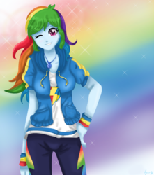 Size: 1909x2159 | Tagged: safe, artist:lovelygirlmusicer, rainbow dash, equestria girls, g4, my little pony equestria girls: better together, clothes, female, geode of super speed, hoodie, magical geodes, multicolored hair, one eye closed, shirt, smiling, solo, wink