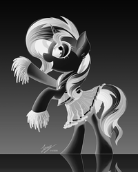 Size: 2000x2500 | Tagged: safe, alternate version, artist:duskie-06, sunset shimmer, pony, unicorn, g4, bipedal, cheerleader, cheerleader outfit, clothes, cute, female, gradient background, grayscale, high res, hoof hold, inverted, mare, midriff, monochrome, open mouth, pom pom, rearing, reflection, shimmerbetes, signature, skirt, skirt lift, solo