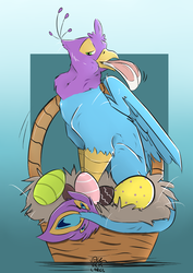 Size: 2480x3508 | Tagged: safe, artist:vick-carel, oc, oc:gyro feather, oc:gyro tech, griffon, rabbit, basket, carnivore, easter, easter egg, eaten alive, food chain, griffonized, griffons doing griffon things, high res, holiday, predation, predator, prey, species swap, vore
