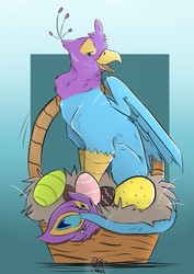Size: 905x1280 | Tagged: safe, artist:vick-carel, oc, oc:gyro feather, oc:gyro tech, griffon, basket, easter, easter egg, griffonized, holiday, species swap