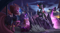 Size: 1920x1080 | Tagged: safe, artist:discordthege, part of a set, grogar (g1), king sombra, starlight glimmer, sunset shimmer, tempest shadow, twilight sparkle, alicorn, pony, unicorn, g1, g4, my little pony: the movie, armor, castle, female, fight, final battle, glowing horn, horn, magic, male, mare, part of a series, scenery, stallion, tambelon, twilight sparkle (alicorn)