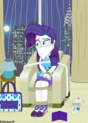 Size: 755x1057 | Tagged: safe, artist:robukun, rarity, equestria girls, g4, my little pony equestria girls: better together, bag, bondage, book, chair, female, gag, lamp, rarity peplum dress, rope, rope bondage, solo, tied up