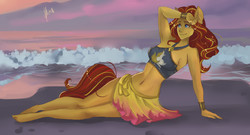 Size: 1300x700 | Tagged: safe, artist:xjenn9, sunset shimmer, equestria girls, equestria girls series, forgotten friendship, g4, armpits, barefoot, beach, belly button, clothes, feet, midriff, ponied up, pony ears, sitting, swimsuit