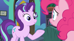 Size: 1920x1080 | Tagged: safe, screencap, pinkie pie, starlight glimmer, g4, the maud couple, bed, book, bookshelf, equal sign, frown, potted plant, smiling, starlight's room