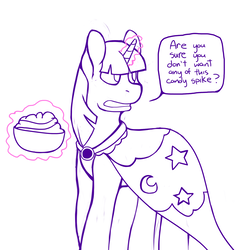 Size: 1500x1500 | Tagged: safe, artist:fatponi, part of a set, twilight sparkle, pony, unicorn, g4, candy, candy bowl, clothes, costume, dialogue, female, food, glowing horn, horn, lineart, magic, nightmare night, nightmare night costume, part of a series, simple background, solo, star swirl the bearded costume, telekinesis, this will end in weight gain, unicorn twilight, weight gain sequence, white background