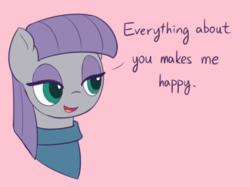 Size: 800x597 | Tagged: safe, artist:puetsua, maud pie, earth pony, pony, g4, the maud couple, clothes, cute, dialogue, female, lidded eyes, mare, maudabetes, positive ponies, simple background, smiling, when she smiles