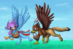 Size: 3400x2258 | Tagged: safe, artist:cheefurraacc, oc, oc:gyro feather, oc:gyro tech, oc:saewin, griffon, basket, duo, easter, easter egg, egg, griffonized, high res, holiday, race, species swap