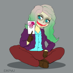 Size: 1000x1000 | Tagged: safe, artist:empyu, fluttershy, pinkie pie, equestria girls, g4, card, clothes, cosplay, costume, crossed legs, female, makeup, simple background, solo, the joker