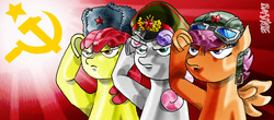 Size: 1000x441 | Tagged: safe, artist:davide76, apple bloom, scootaloo, sweetie belle, g4, aviator goggles, aviator hat, commie mark crusaders, communism, cutie mark crusaders, goggles, hat, soviet