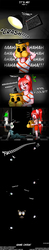 Size: 1280x6528 | Tagged: safe, artist:ravenousdash, oc, oc:death metal, oc:pearl necklace, animatronic, april fools, black hair, comic, crossover, darkness, dialogue, easter egg (media), five nights at freddy's, freddy fazbear, freddy fazbear's pizzeria, golden freddy, green eyes, horror, laughing, prank, red eyes, red hair, security guard, spooky, video game