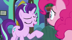 Size: 1280x720 | Tagged: safe, screencap, pinkie pie, starlight glimmer, g4, the maud couple, animated, bed, book, bookshelf, equal sign, female, frown, potted plant, smiling, sound, starlight's room, talking, webm