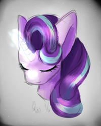 Size: 616x769 | Tagged: safe, artist:pprinceran, artist:prince-ran, starlight glimmer, pony, unicorn, g4, abstract background, bust, eyes closed, female, looking down, magic, mare, solo, sparkles