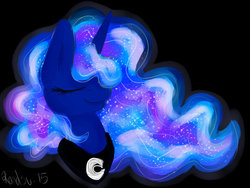 Size: 1024x768 | Tagged: safe, artist:pprinceran, artist:prince-ran, princess luna, alicorn, pony, g4, black background, bust, ethereal mane, eyes closed, female, hair over one eye, jewelry, mare, missing accessory, regalia, simple background, solo, starry mane