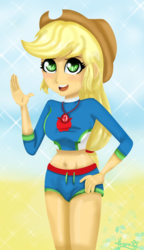 Size: 1097x1906 | Tagged: safe, artist:lovelygirlmusicer, applejack, equestria girls, equestria girls specials, g4, my little pony equestria girls: better together, my little pony equestria girls: forgotten friendship, belly button, clothes, cowboy hat, female, freckles, geode of super strength, hat, midriff, solo, stetson, swimsuit