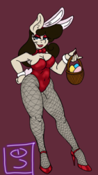 Size: 1440x2560 | Tagged: safe, artist:dimvitrarius, oc, oc:sunny, earth pony, anthro, unguligrade anthro, anthro oc, armpits, basket, bunny ears, bunny suit, bunny tail, chubby, clothes, costume, cuffs (clothes), easter, easter basket, easter bunny, easter egg, female, fishnet pantyhose, high heels, holiday, leotard, lip gloss, lipstick, looking at you, nail polish, shoes, simple background, solo
