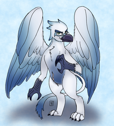 Size: 2460x2728 | Tagged: safe, artist:dimvitrarius, oc, oc only, oc:ghislain, griffon, beak, chest fluff, claws, colored wings, commission, gradient, gradient background, gradient wings, griffon oc, high res, male, scar, simple background, solo, spread wings, standing, wings